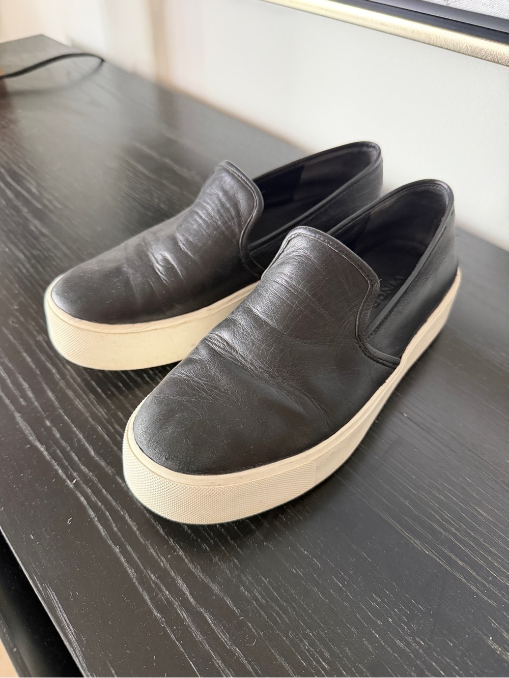 Vince Black Leather Slip-On Sneakers with Cream Platform Sole